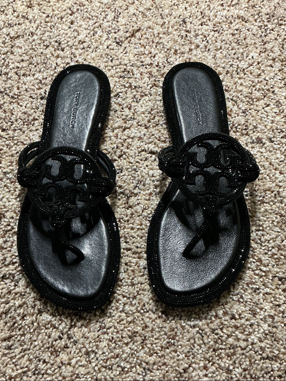 Tory Burch Black Beaded Logo Thong Sandals